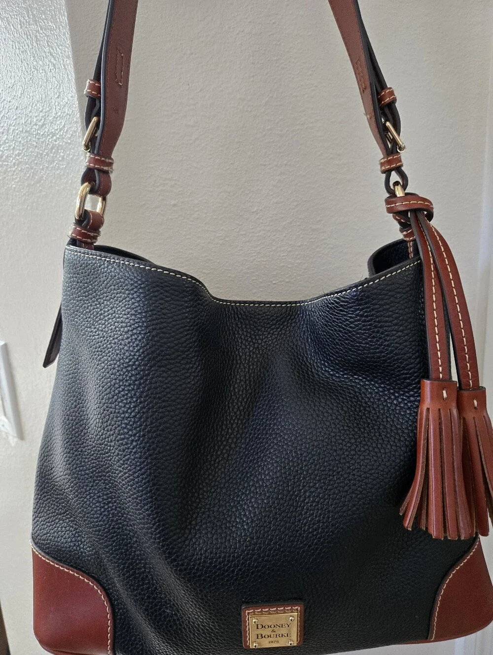 Dooney & Bourke Black Pebbled Leather Hobo Shoulder Bag Tassel